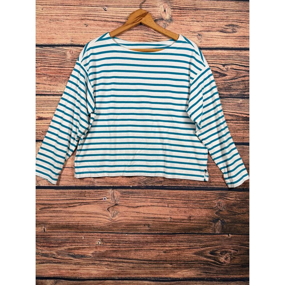 Old Navy Women's Large Teal White Striped Long Sleeve Boat Neck Top 4717